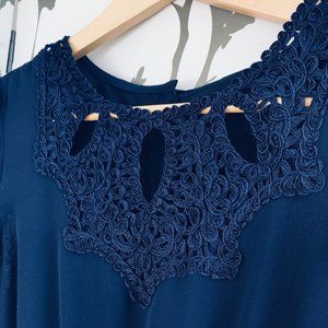 Navy Blue Crochet Neckline Flutter Sleeve Flare A Line Swing Dress